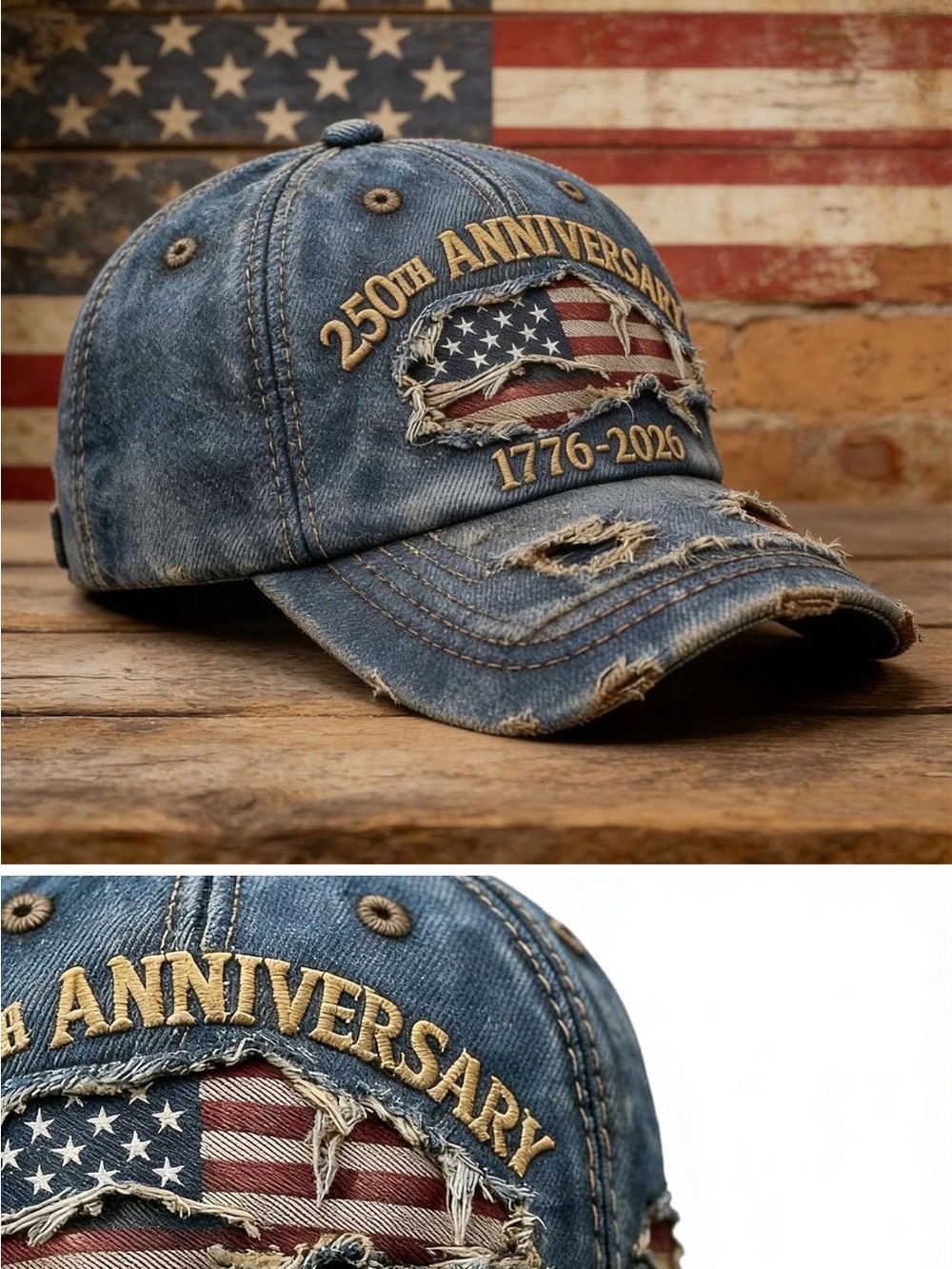 USA 250th Anniversary 1776-2026 Distressed Denim Baseball Cap Mens Blue Hat - Picture 2 of 9